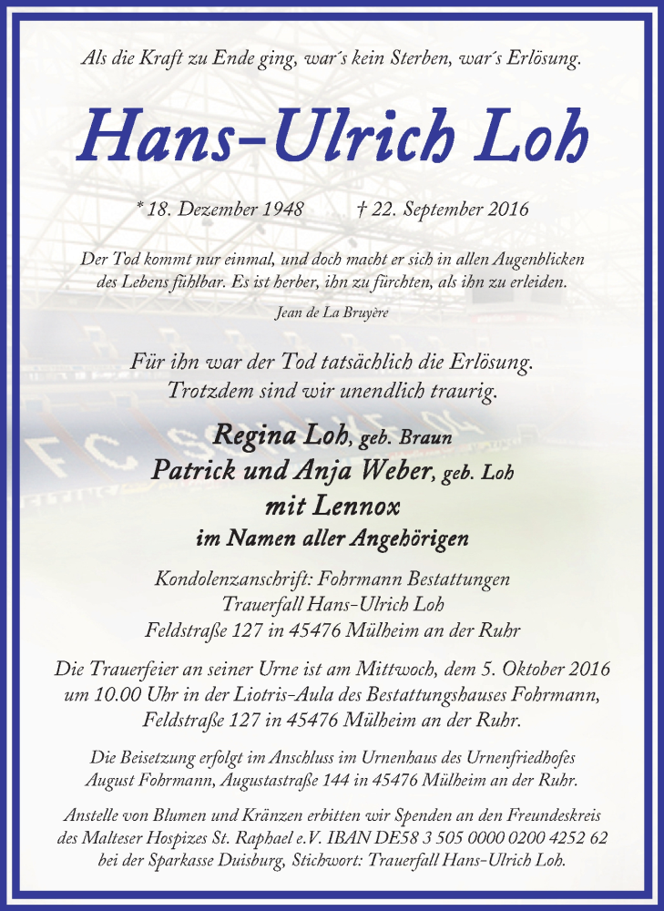  Traueranzeige für Hans-Ulrich Loh vom 01.10.2016 aus Mülheimer Woche