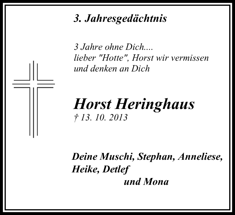 Traueranzeige für Horst Heringhaus vom 12.10.2016 aus Stadtanzeiger Velbert + Heiligenhaus