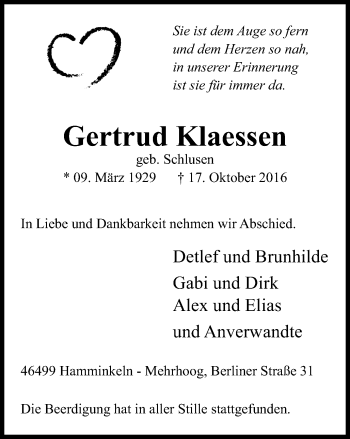 Traueranzeige von Gertrud Klaessen von Der Weseler + Der Xantener