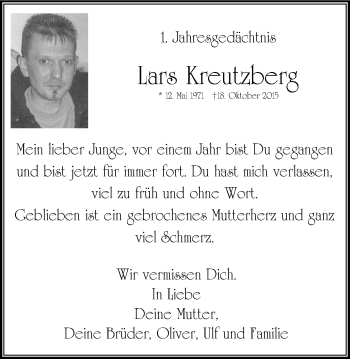 Traueranzeige von Lars Kreutzberg von Stadtanzeiger Velbert + Heiligenhaus