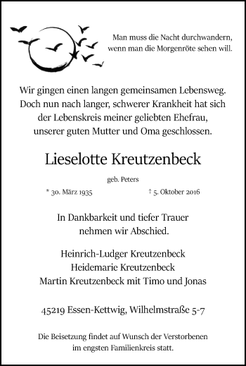Traueranzeige von Lieselotte Kreutzenbeck von Kettwig Kurier