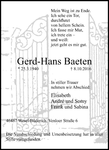 Traueranzeige von Gerd-Hans Baeten von Der Weseler + Der Xantener