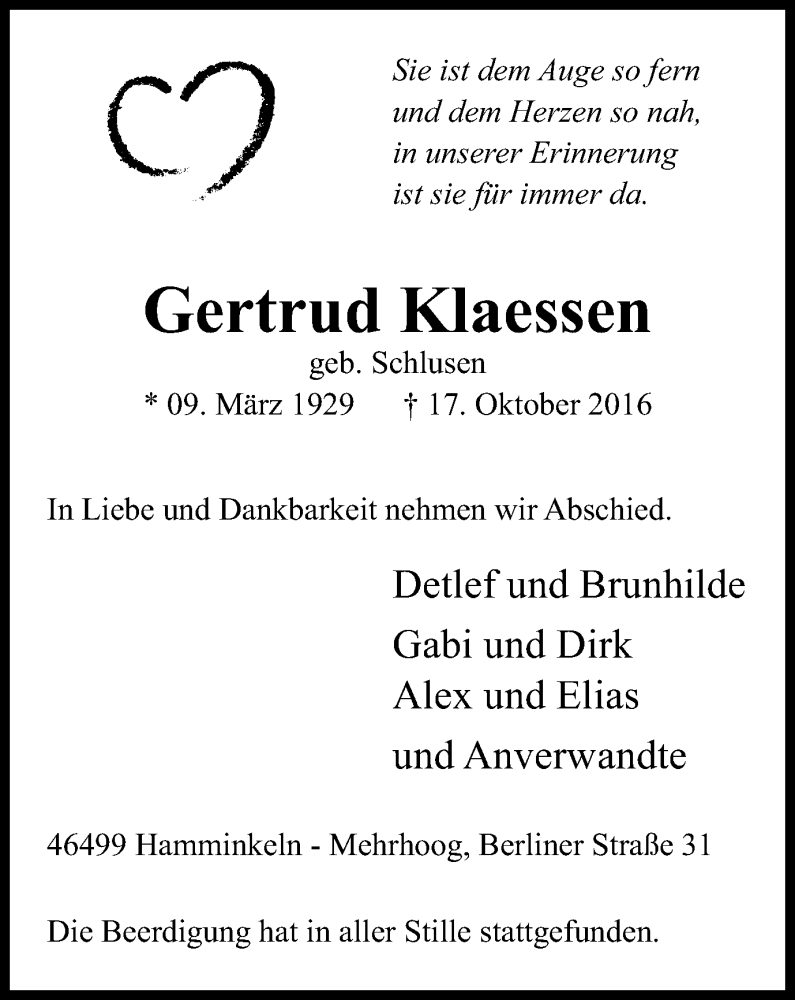  Traueranzeige für Gertrud Klaessen vom 26.10.2016 aus Der Weseler + Der Xantener