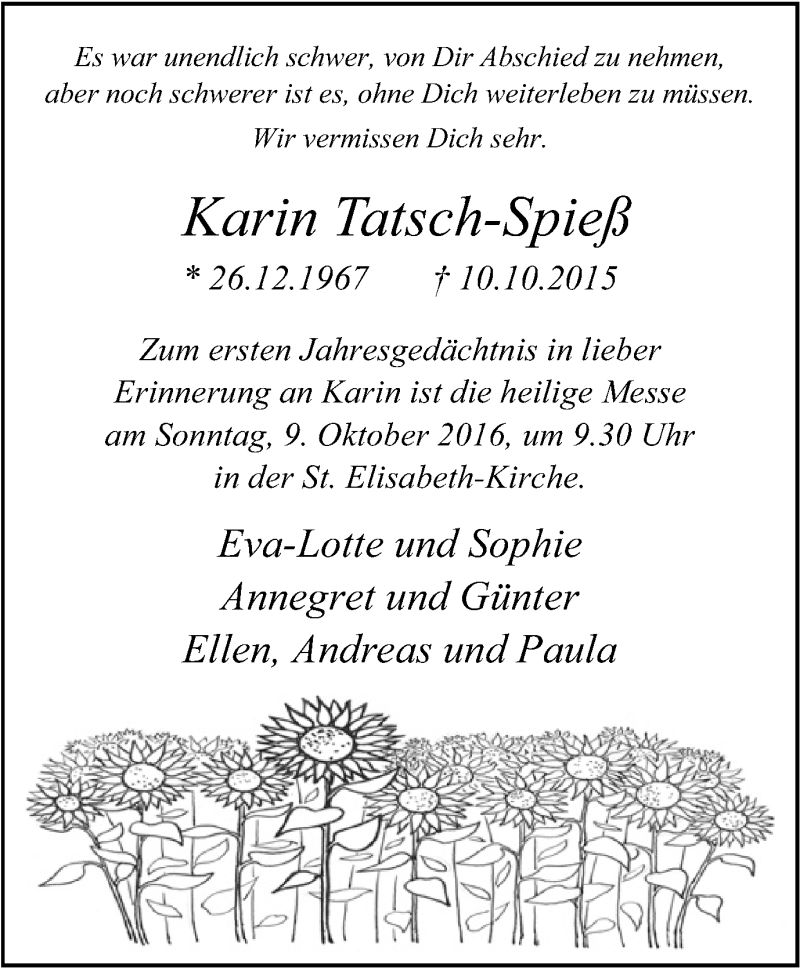  Traueranzeige für Karin Tatsch-Spieß vom 05.10.2016 aus Stadtspiegel Bottrop