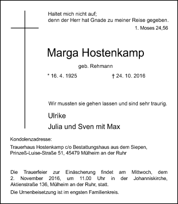 Traueranzeige von Marga Hostenkamp von Mülheimer Woche