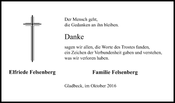 Traueranzeige von Elfriede Felsenberg von Stadtspiegel Gladbeck