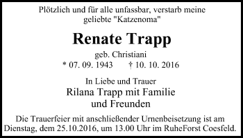 Traueranzeige von Renate Trapp von Wochen-Anzeiger Oberhausen