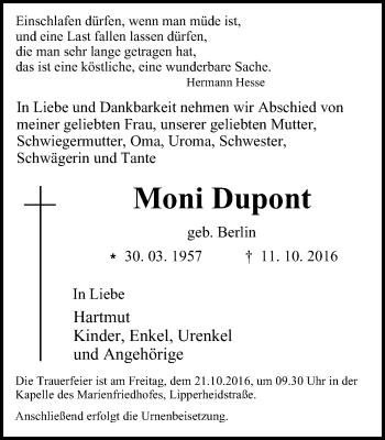 Traueranzeige von Moni Dupont von Wochen-Anzeiger Oberhausen