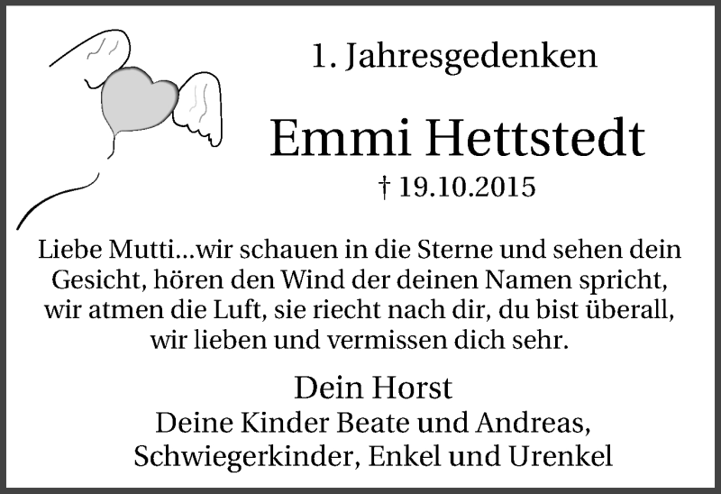 Traueranzeige für Emmi Hettstedt vom 19.10.2016 aus Lüner Anzeiger