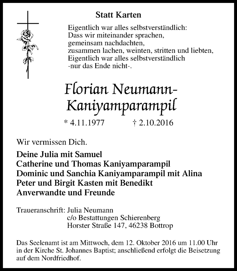  Traueranzeige für Florian Neumann-Kaniyamparampil vom 08.10.2016 aus Stadtspiegel Bottrop