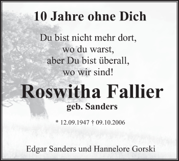 Traueranzeige von Roswitha Fallier von Klever Wochenblatt