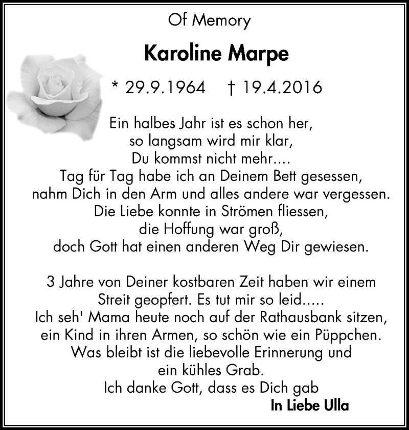  Traueranzeige für Karoline Marpe vom 19.10.2016 aus Stadtspiegel Gladbeck
