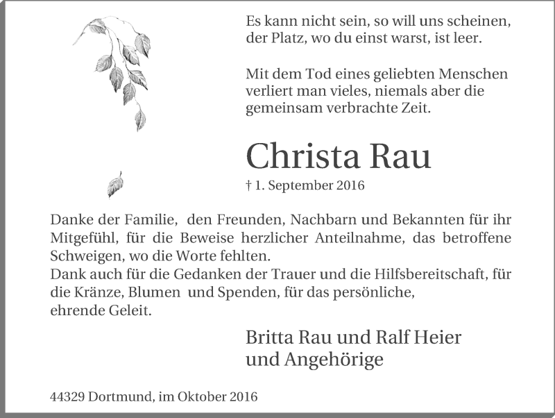  Traueranzeige für Christa Rau vom 26.10.2016 aus Lüner Anzeiger