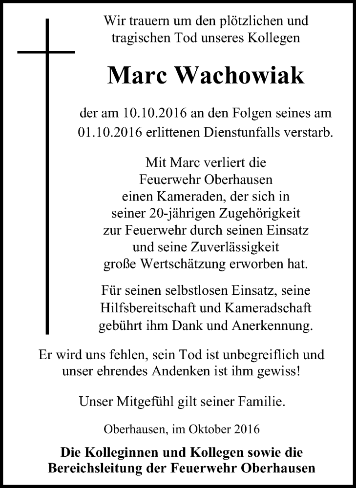  Traueranzeige für Marc Wachowiak vom 19.10.2016 aus Wochen-Anzeiger Oberhausen