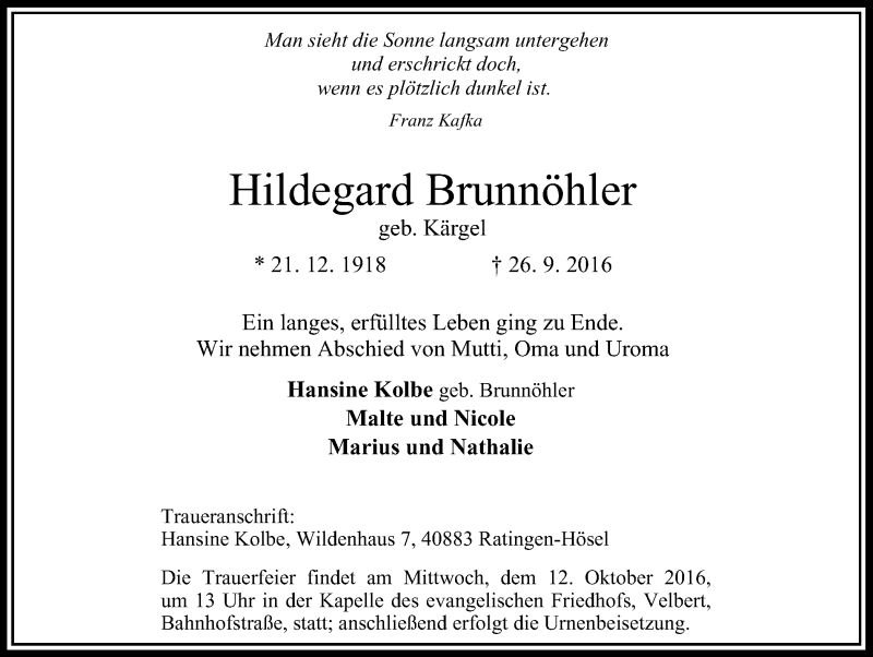  Traueranzeige für Hildegard Brunnöhler vom 08.10.2016 aus Stadtanzeiger Velbert + Heiligenhaus