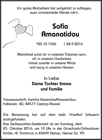 Traueranzeige von Sofia Amanatidou von Stadtanz.Castrop-Rauxel