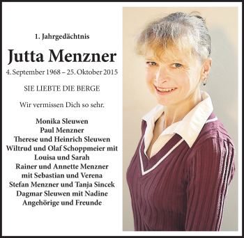 Traueranzeige von Jutta Menzner von Stadtspiegel Hattingen/Niedersprockhövel