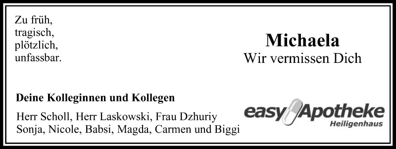  Traueranzeige für Michaela  vom 01.10.2016 aus Stadtanzeiger Velbert + Heiligenhaus
