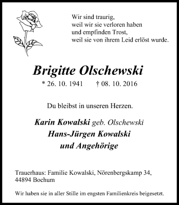 Traueranzeige von Brigitte Olschewski von Stadtspiegel Bochum