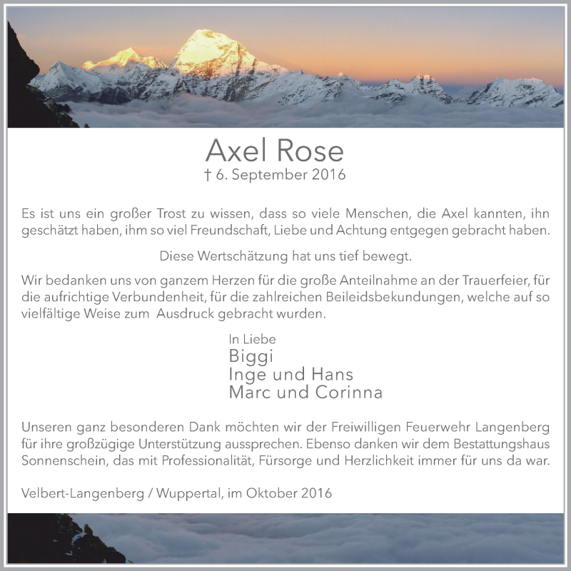  Traueranzeige für Axel Rose vom 29.10.2016 aus Stadtanzeiger Velbert + Heiligenhaus