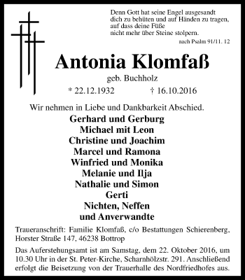 Traueranzeige von Antonia Klomfaß von Stadtspiegel Bottrop