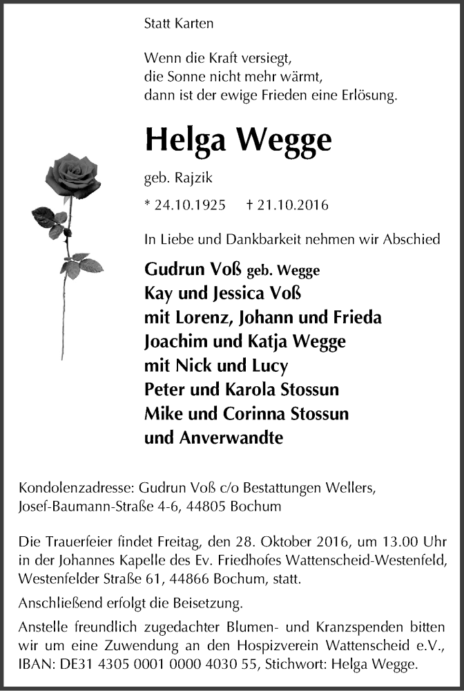  Traueranzeige für Helga Wegge vom 26.10.2016 aus Stadtspiegel Bochum + Wattenscheid