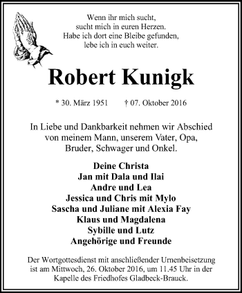 Traueranzeige von Robert Kunigk von Stadtspiegel Gladbeck