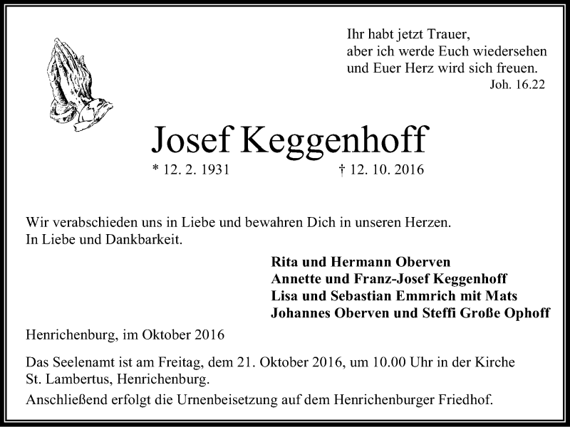  Traueranzeige für Josef Keggenhoff vom 15.10.2016 aus Stadtanz.Castrop-Rauxel