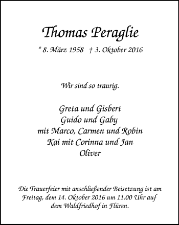 Traueranzeige von Thomas Peraglie von Der Weseler + Der Xantener