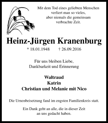 Traueranzeige von Heinz-Jürgen Kranenburg von Stadtspiegel Bottrop