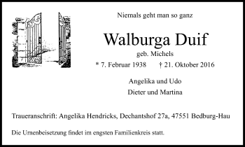 Traueranzeige von Walburga Duif von Klever Wochenblatt