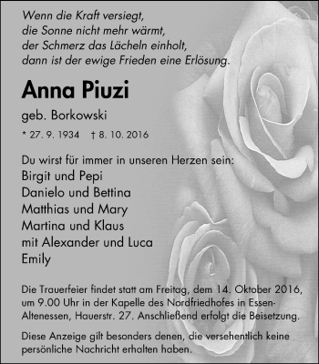 Traueranzeige von Anna Piuzi von Nord Anzeiger Essen