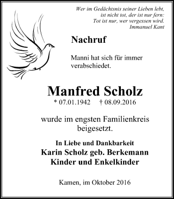 Traueranzeige von Manfred Scholz von Stadtspiegel Kamen + Unna