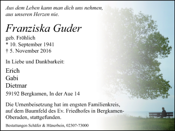 Traueranzeige von Franziska Guder von Stadtspiegel Kamen + Unna