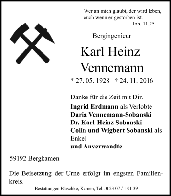 Traueranzeige von Karl Heinz Vennemann von Stadtspiegel Kamen + Unna