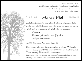 Traueranzeige von Marco Piel von Stadtspiegel Haltern + Dorsten