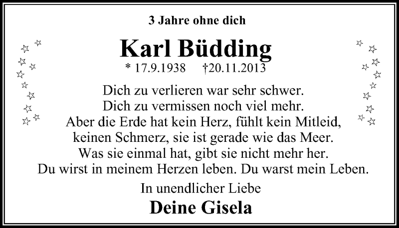  Traueranzeige für Karl Büdding vom 19.11.2016 aus Stadtanz.Castrop-Rauxel