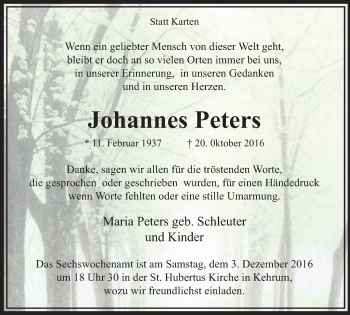 Traueranzeige von Johannes Peters von Klever Wochenblatt