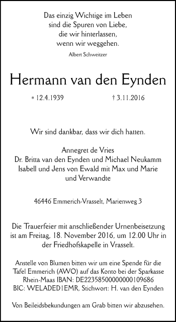 Traueranzeige von Hermann van den Eynden von Stadtanzeiger Emmerich/Rees/Isselburg