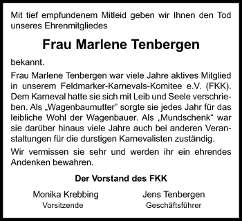 Traueranzeige von Marlene Tenbergen von Der Weseler + Der Xantener
