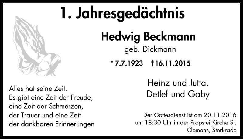  Traueranzeige für Hedwig Beckmann vom 16.11.2016 aus Wochen-Anzeiger Oberhausen