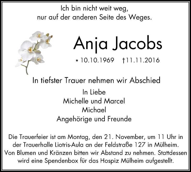  Traueranzeige für Anja Jacobs vom 19.11.2016 aus Mülheimer Woche