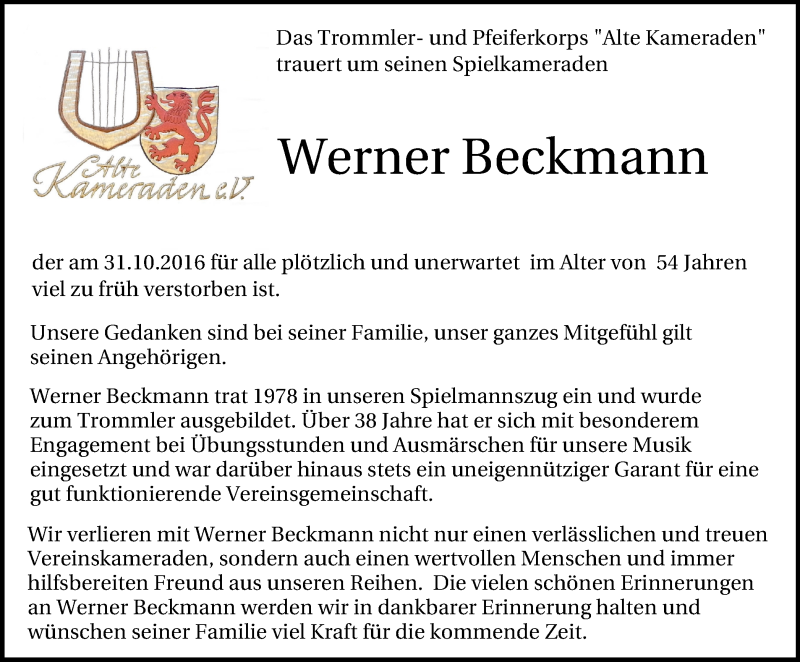  Traueranzeige für Werner Beckmann vom 12.11.2016 aus Lüner Anzeiger