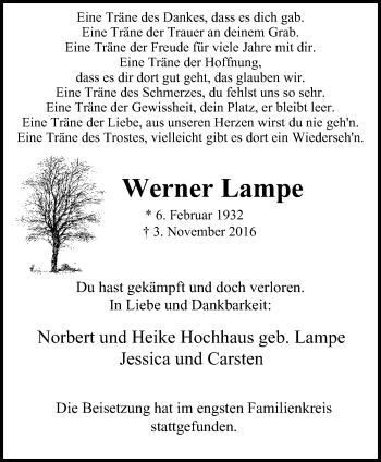 Traueranzeige von Werner Lampe von Wochen-Anzeiger Oberhausen