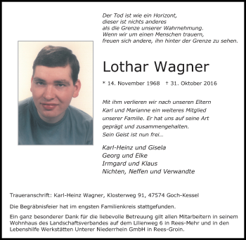 Traueranzeige von Lothar Wagner von Gocher Wochenblatt