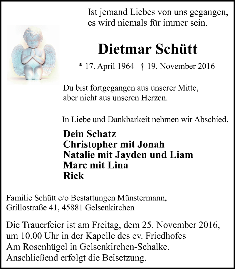  Traueranzeige für Dietmar Schütt vom 23.11.2016 aus Stadtspiegel Gelsenkirchen