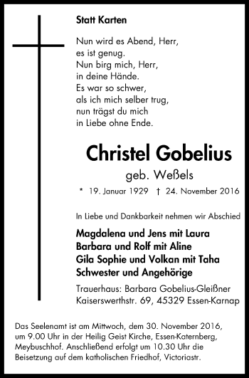 Traueranzeige von Christel Gobelins von Nord Anzeiger Essen