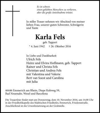 Traueranzeige von Karla Fels von Stadtanzeiger Emmerich/Rees/Isselburg