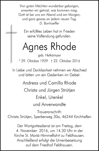 Traueranzeige von Agnes Rhode von Stadtspiegel Bottrop