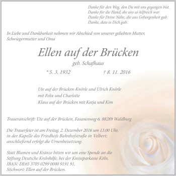 Traueranzeige von Ellen auf der Brücken von Stadtanzeiger Velbert + Heiligenhaus